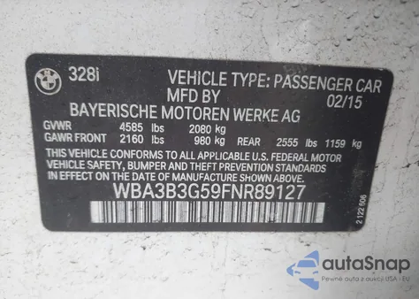 2015 BMW 328 Xi из США, поврежденный, VIN WBA3B3G59FNR89127